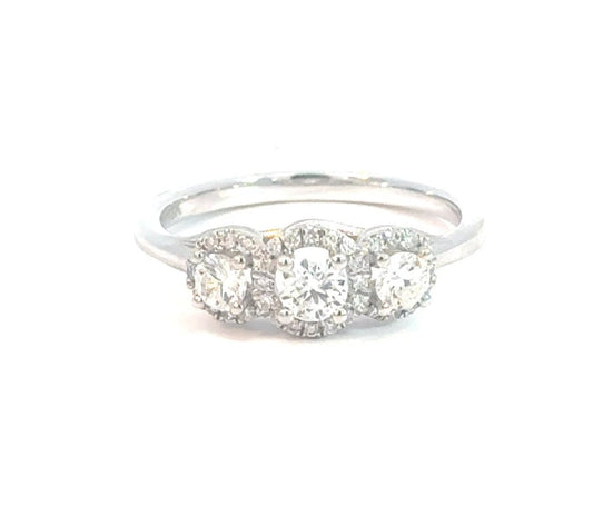 18CT White Gold 3 Stone Halo Trilogy Diamond Ring Aces Jewellers