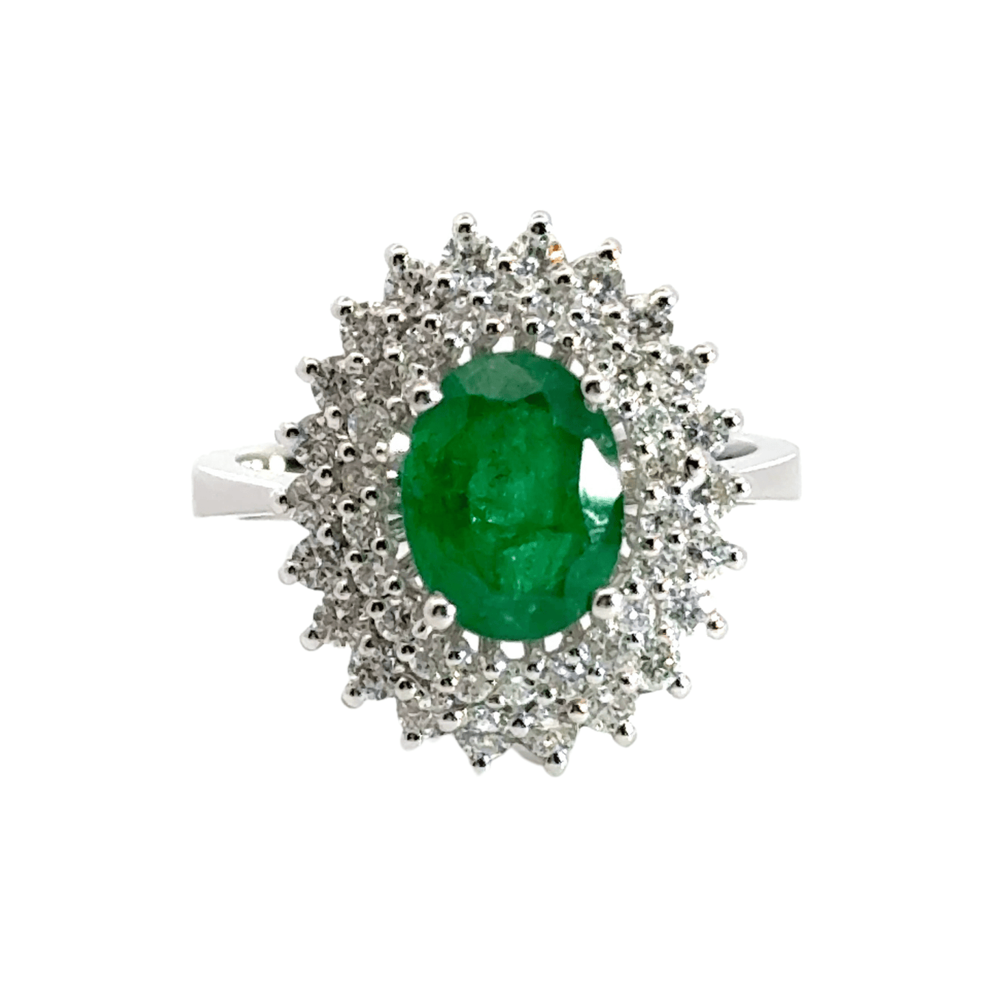 18CT White Gold Cluster Emerald and Diamond Ring Aces Jewellers