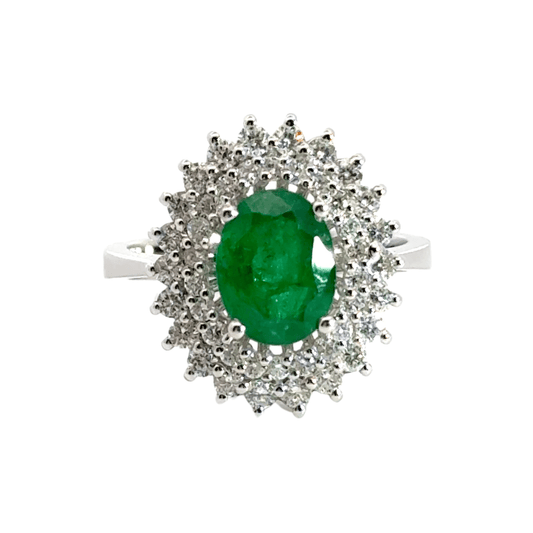18CT White Gold Cluster Emerald and Diamond Ring Aces Jewellers