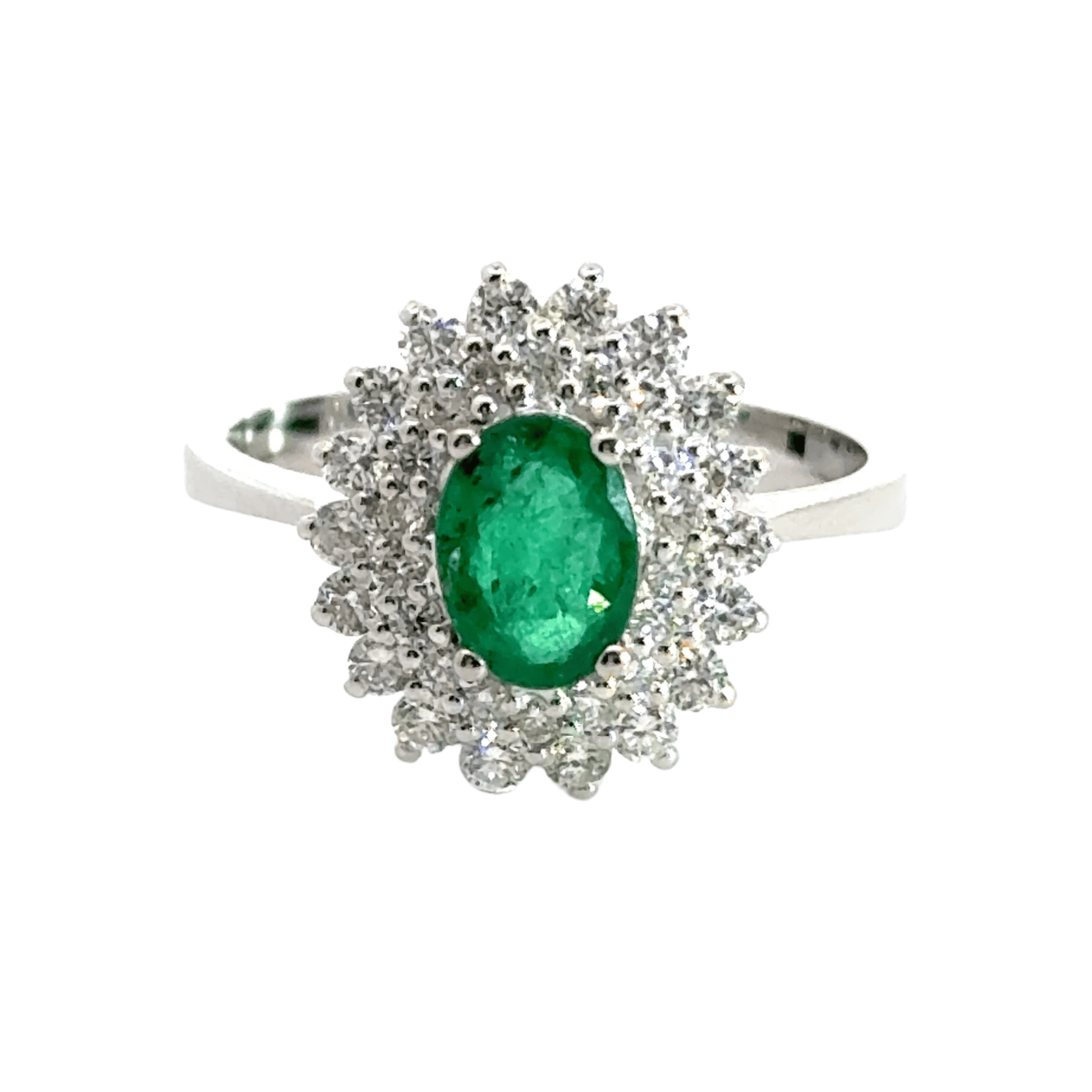 18CT White Gold Cluster Diamond & Emerald 1.25CT Ring Aces Jewellers