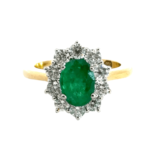 18CT Yellow Gold Emerald Diamond Cluster Ring Aces Jewellers