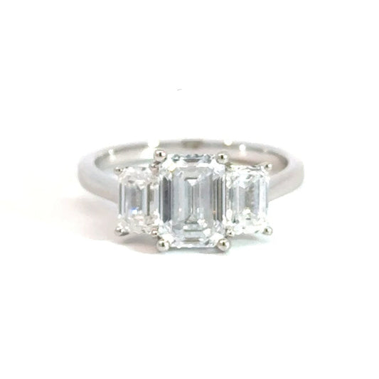 18CT White Gold Emerald Cut Trilogy 2.64CT Lab Diamond Ring Aces Jewellers