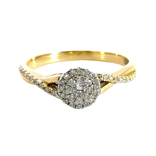 18CT Yellow Gold Halo Twist Cluster Ring Aces Jewellers