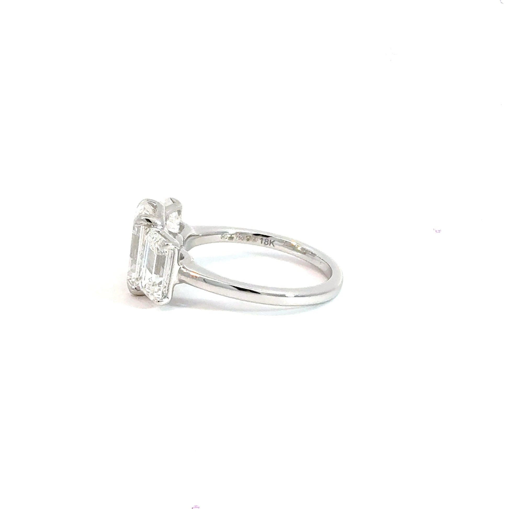18CT White Gold Emerald 5.00ct Lab Diamond Trilogy Ring Aces Jewellers