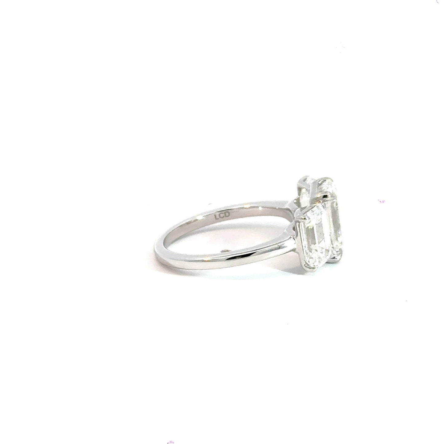 18CT White Gold Emerald 5.00ct Lab Diamond Trilogy Ring Aces Jewellers