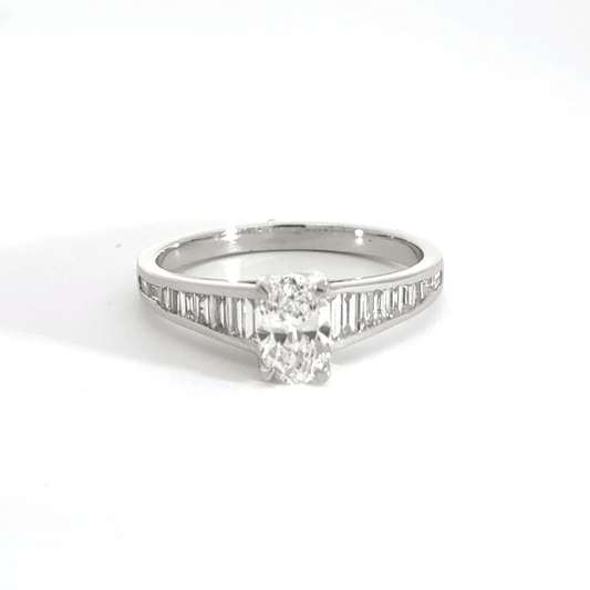 Platinum Solitaire Oval Centre Baguette Shoulder Diamond Ring Aces Jewellers