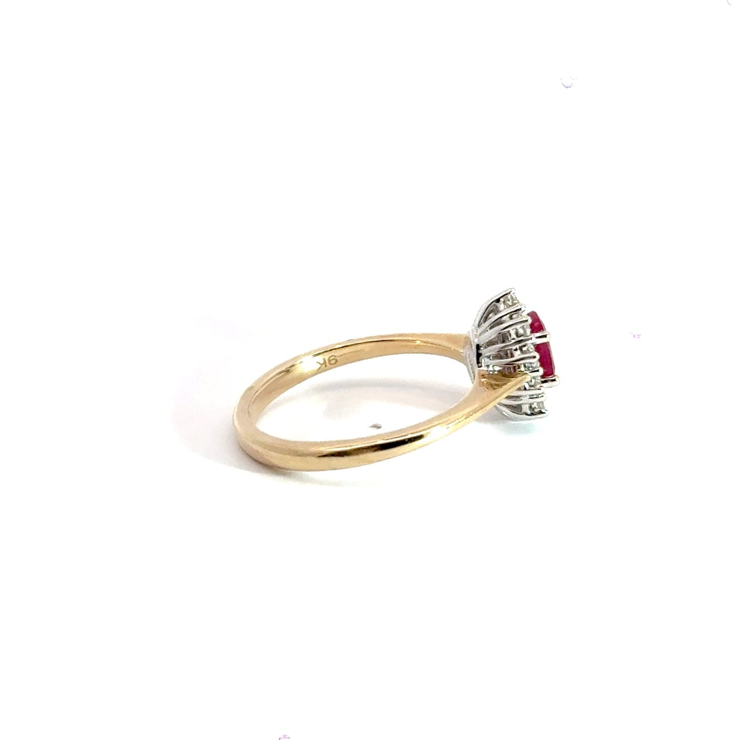 9CT Yellow Gold Cluster Ruby & Diamond Halo Ring Aces Jewellers