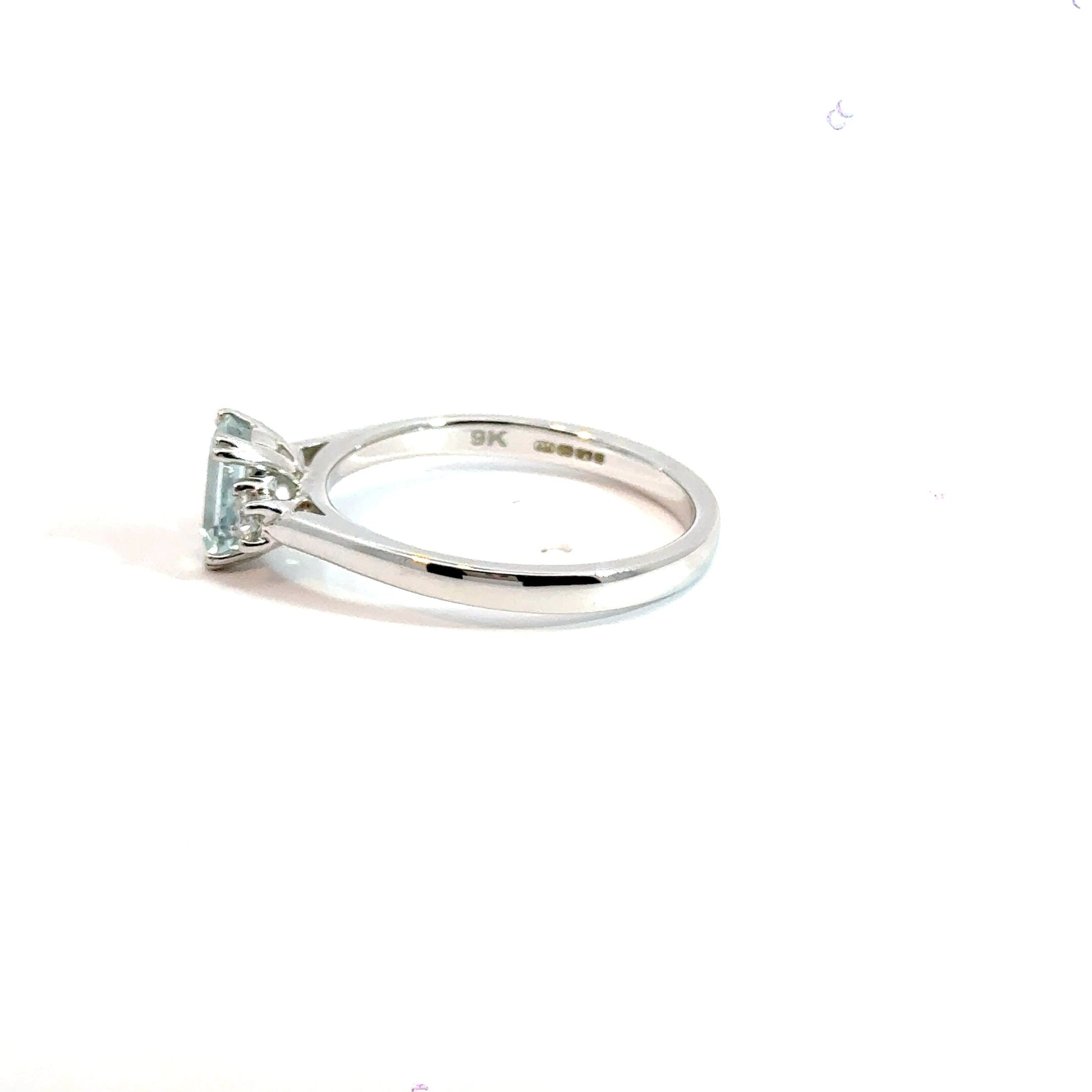 9CT White Gold Rectangle Aquamarine & Diamond Trilogy Ring Aces Jewellers
