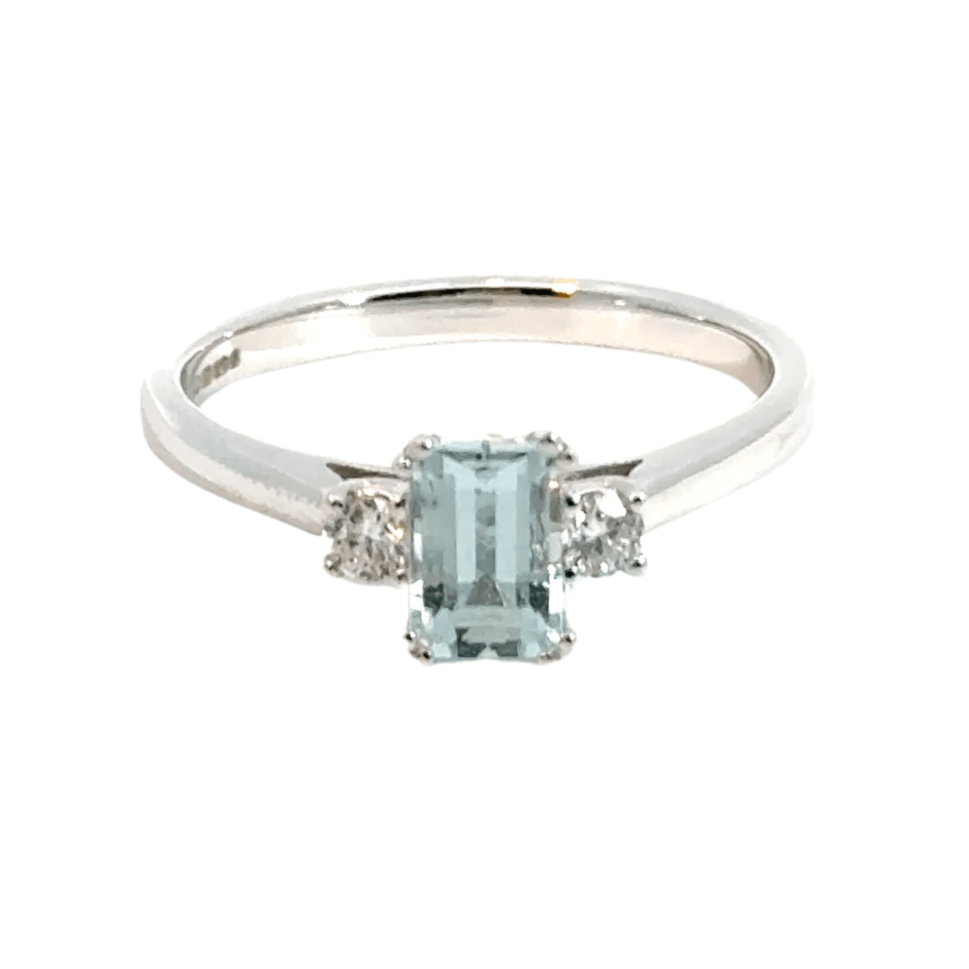 9CT White Gold Rectangle Aquamarine & Diamond Trilogy Ring Aces Jewellers