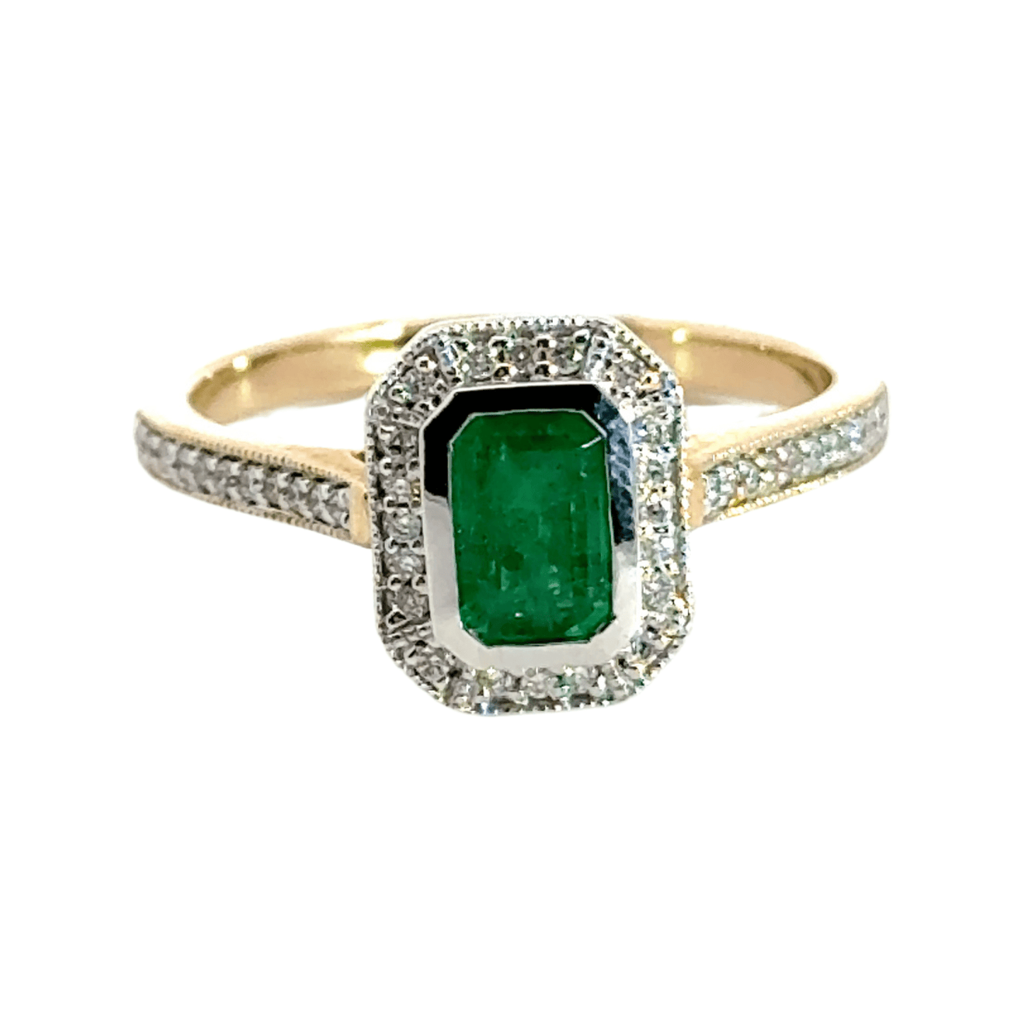 9CT Yellow Gold Emerald Diamond Ring Halo Aces Jewellers
