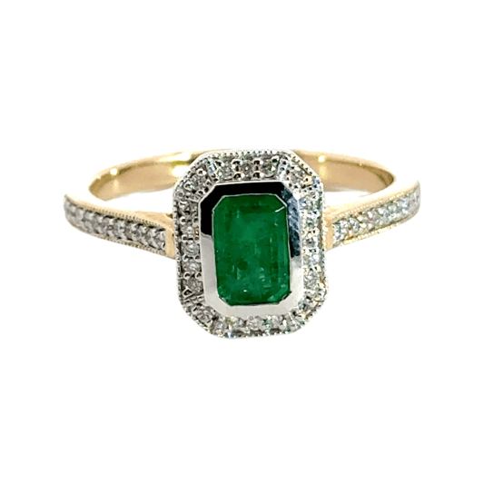9CT Yellow Gold Emerald Diamond Ring Halo Aces Jewellers