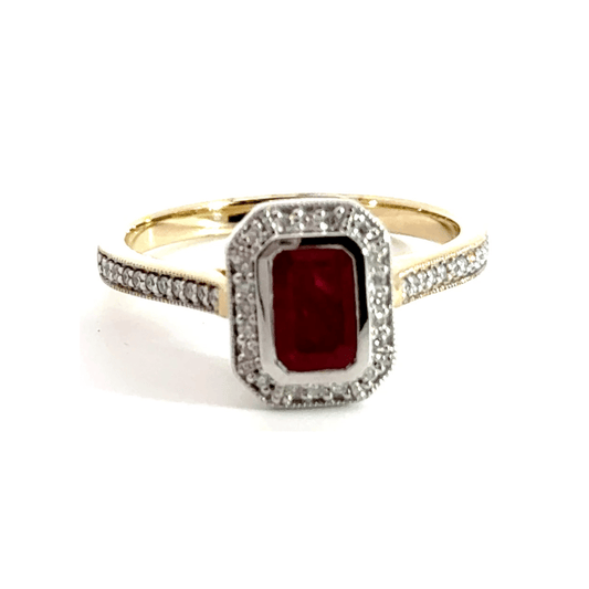 9CT Yellow Gold Ruby & Diamond Ring Halo Aces Jewellers