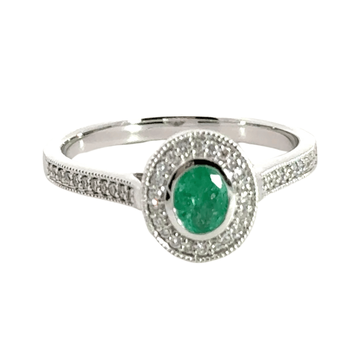 9CT White Gold Emerald Diamond Ring Halo Aces Jewellers