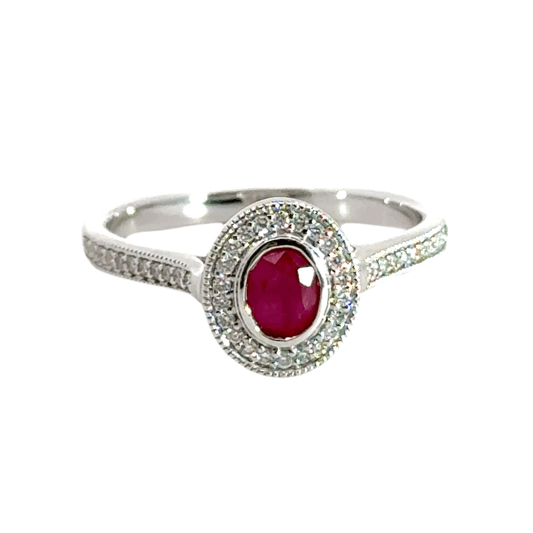 9CT White Gold Oval Halo Ruby & Diamonds Aces Jewellers