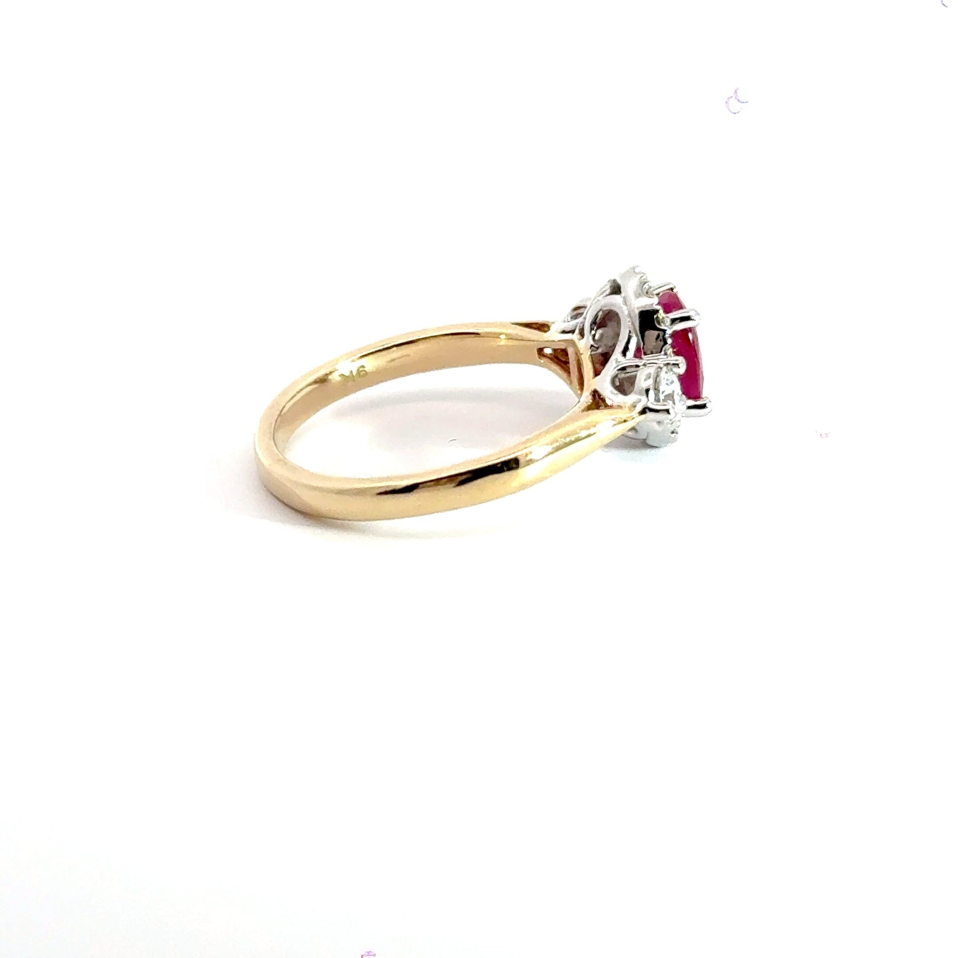 9CT Yellow Gold Trilogy Ruby & Diamonds Ring Aces Jewellers