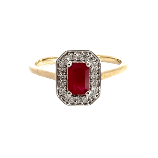 9CT Yellow Gold Ruby & Diamond Ring Halo Aces Jewellers