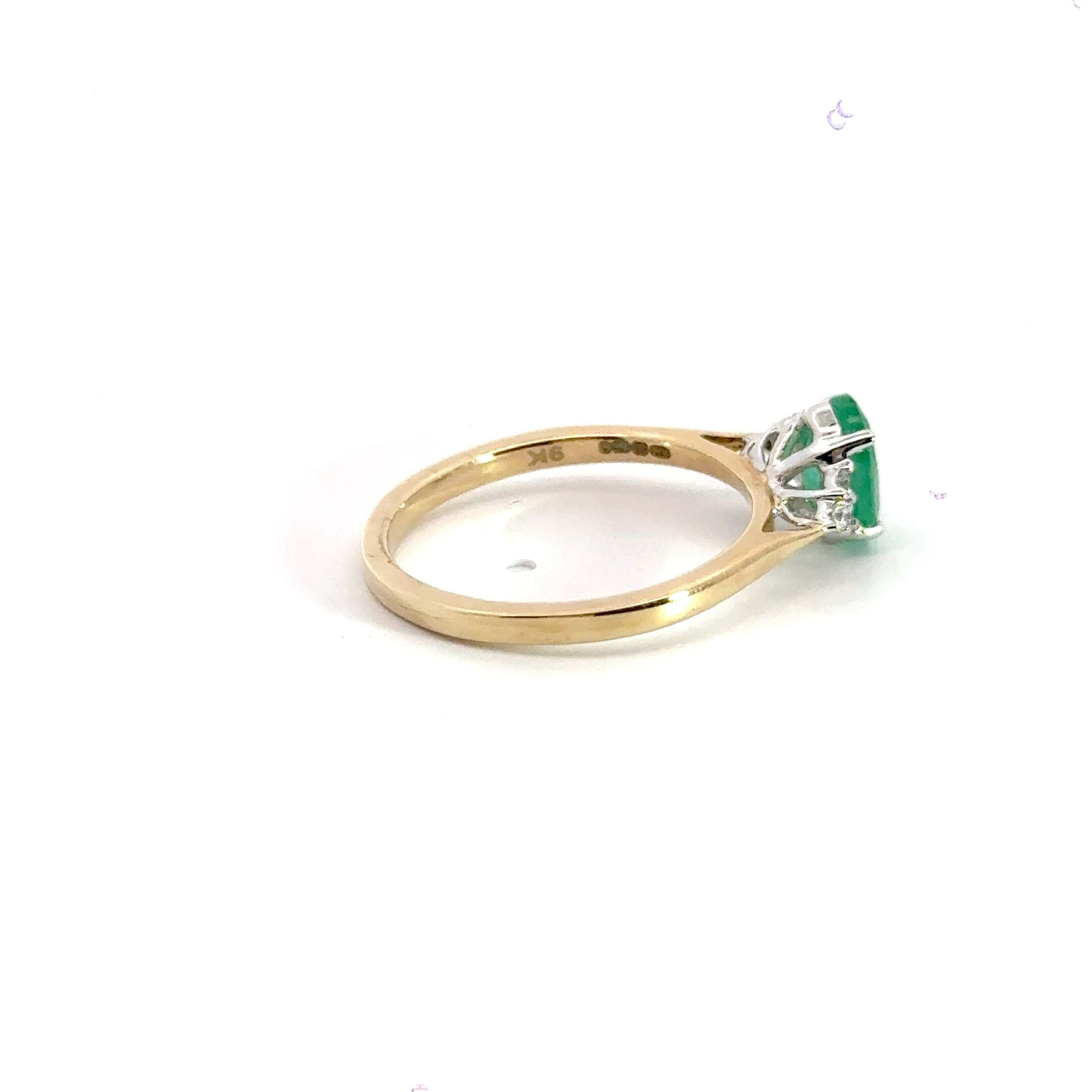 9CT Yellow Gold Solitaire Trilogy Emerald Diamond Ring Aces Jewellers