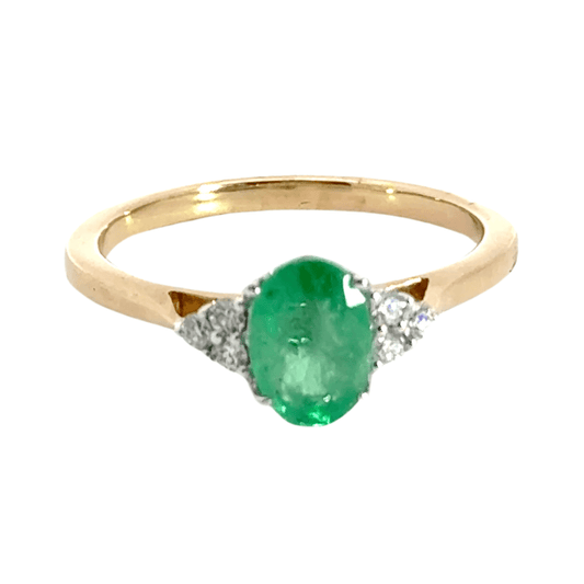 9CT Yellow Gold Solitaire Trilogy Emerald Diamond Ring Aces Jewellers