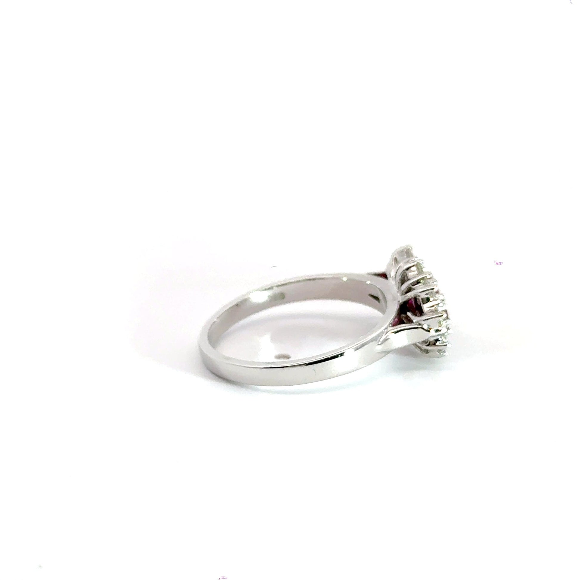 9CT White Gold Trilogy Cluster Ruby & Diamonds Aces Jewellers
