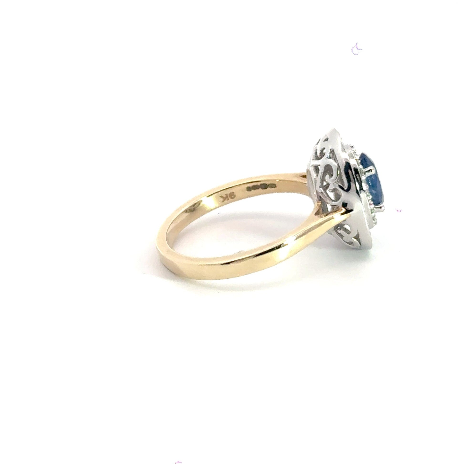 9CT Yellow Gold / White Gold Oval Sapphire Diamond Ring Double Halo Aces Jewellers
