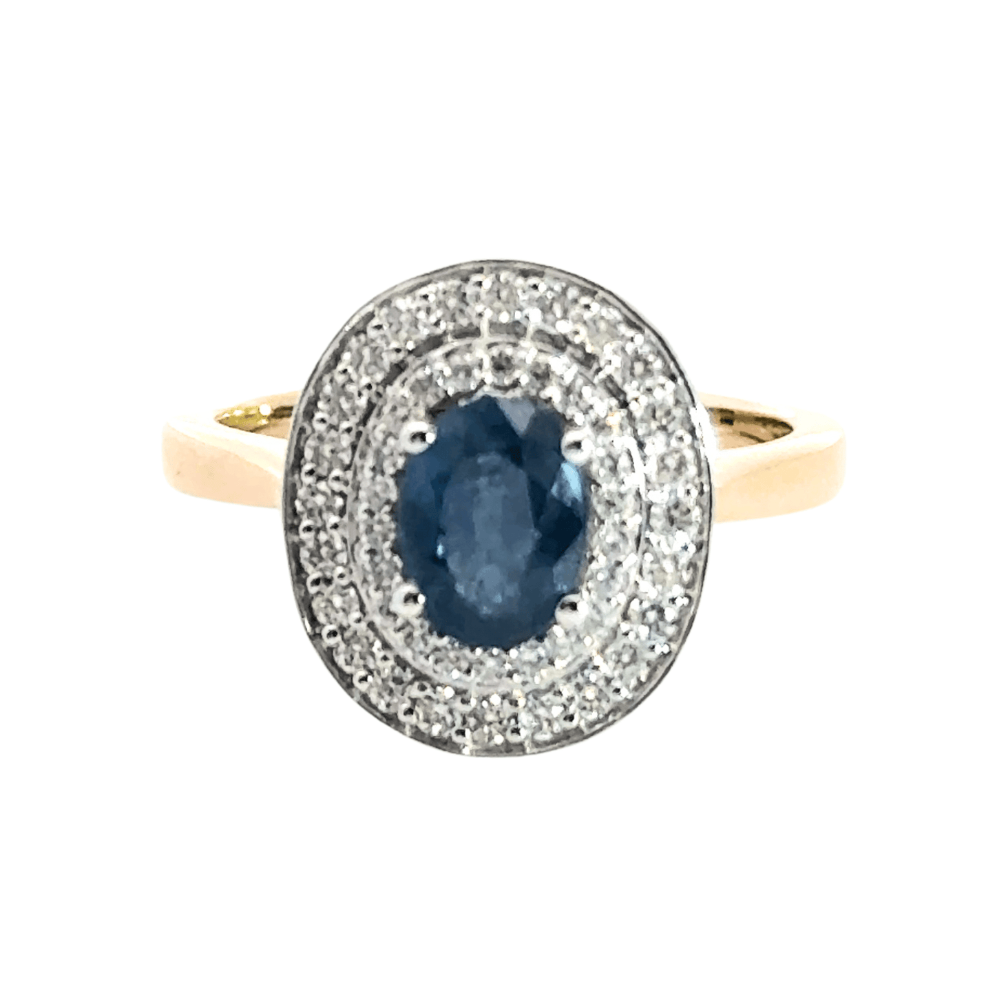 9CT Yellow Gold / White Gold Oval Sapphire Diamond Ring Double Halo Aces Jewellers
