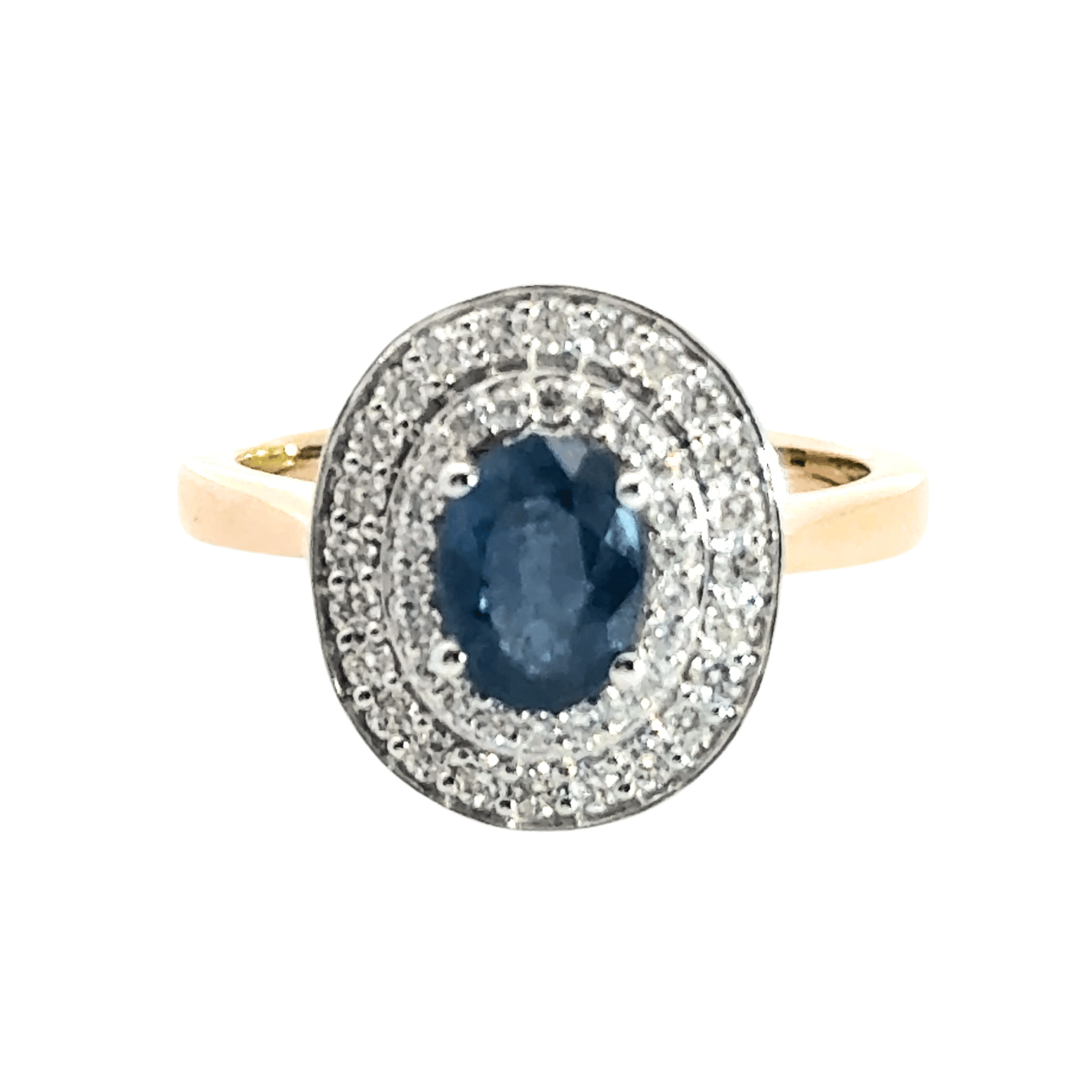 9CT Yellow Gold / White Gold Oval Sapphire Diamond Ring Double Halo Aces Jewellers