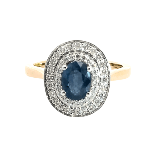 9CT Yellow Gold / White Gold Oval Sapphire Diamond Ring Double Halo Aces Jewellers