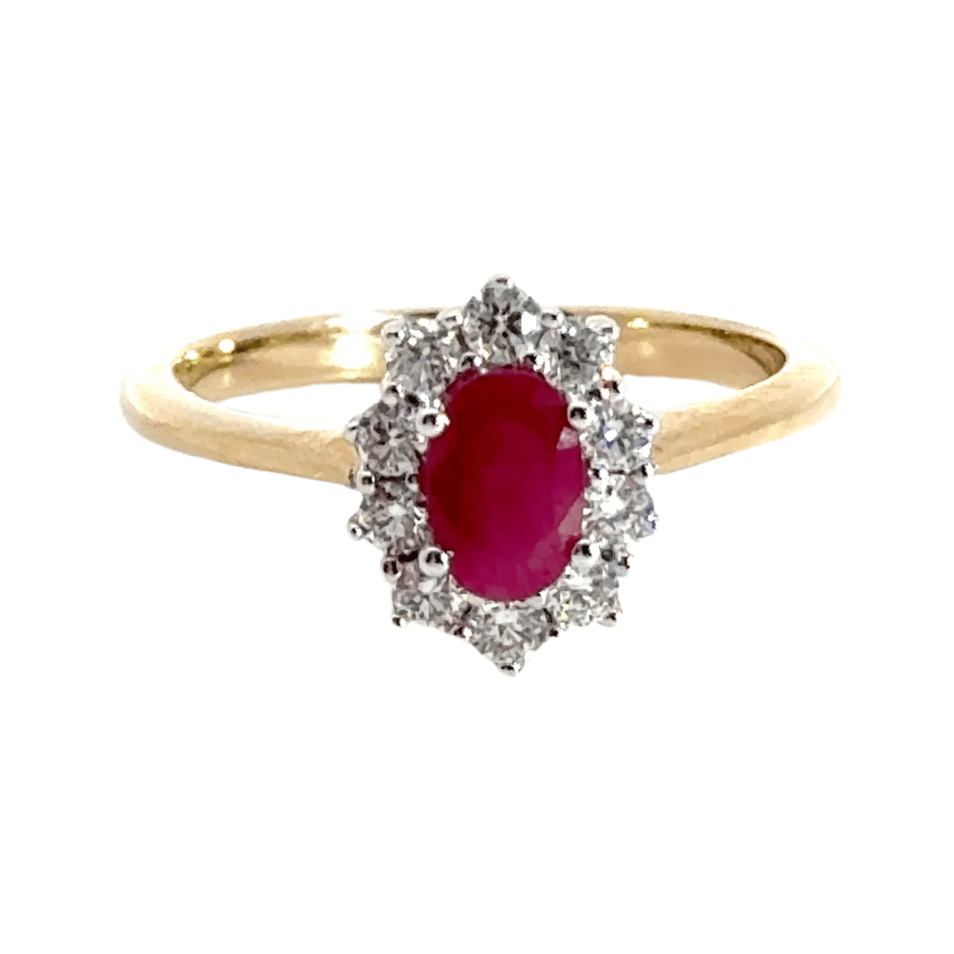 9CT Yellow Gold Cluster Ruby & Diamond Halo Ring Aces Jewellers