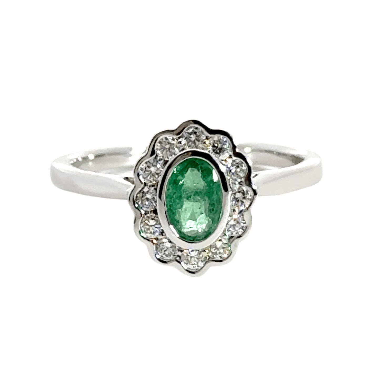 9CT White Gold Oval Ring Emerald and Diamonds Aces Jewellers