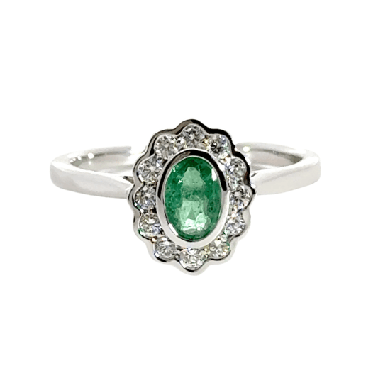 9CT White Gold Oval Ring Emerald and Diamonds Aces Jewellers