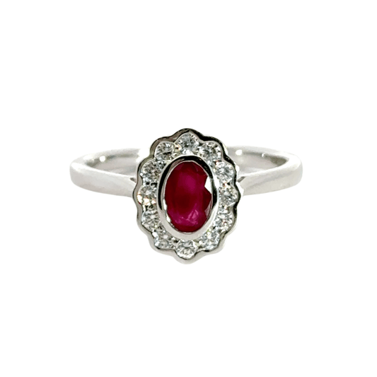 9CT White Gold Oval Ruby Diamond Ring Aces Jewellers