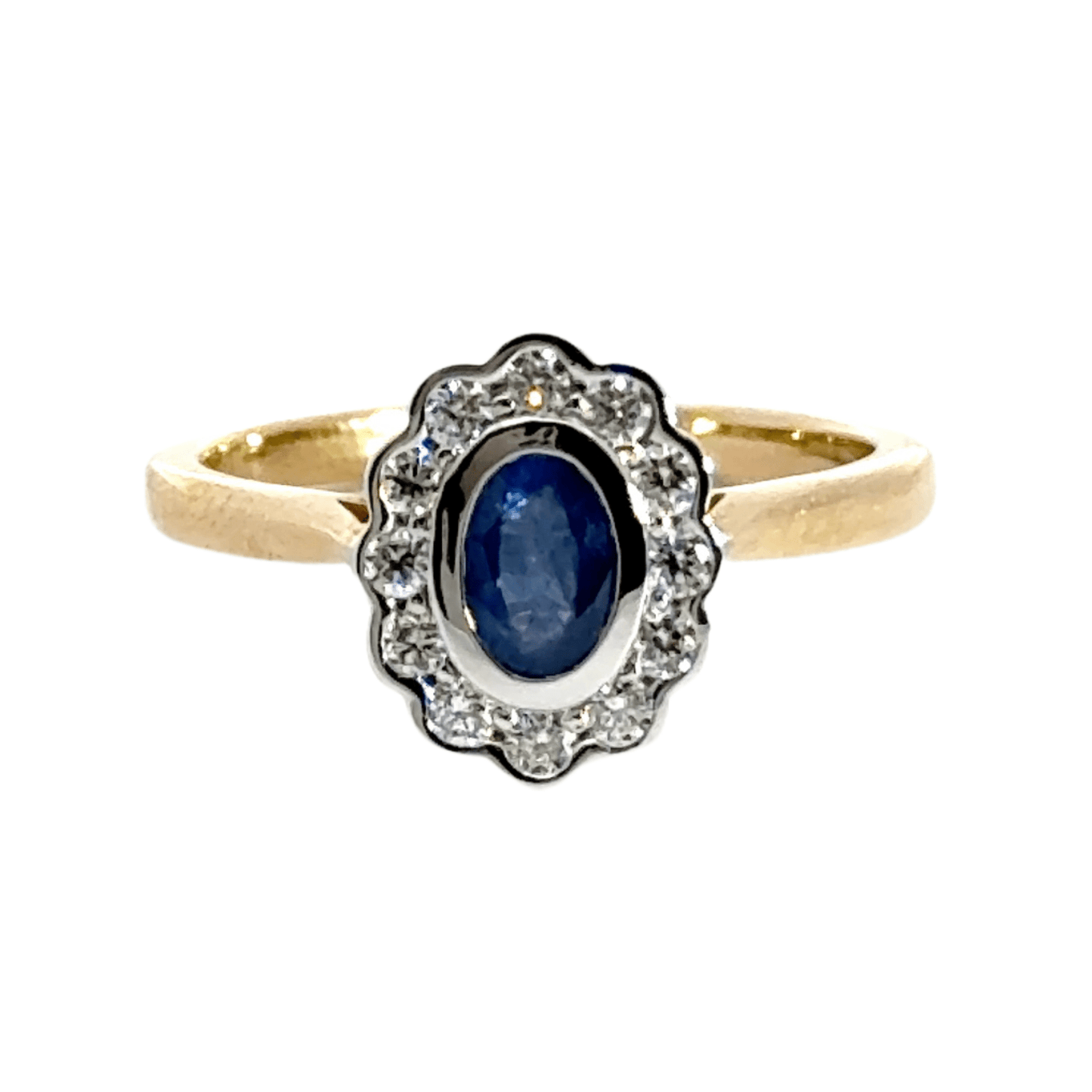9CT Yellow Gold Oval Diamond Sapphire Halo Ring Aces Jewellers