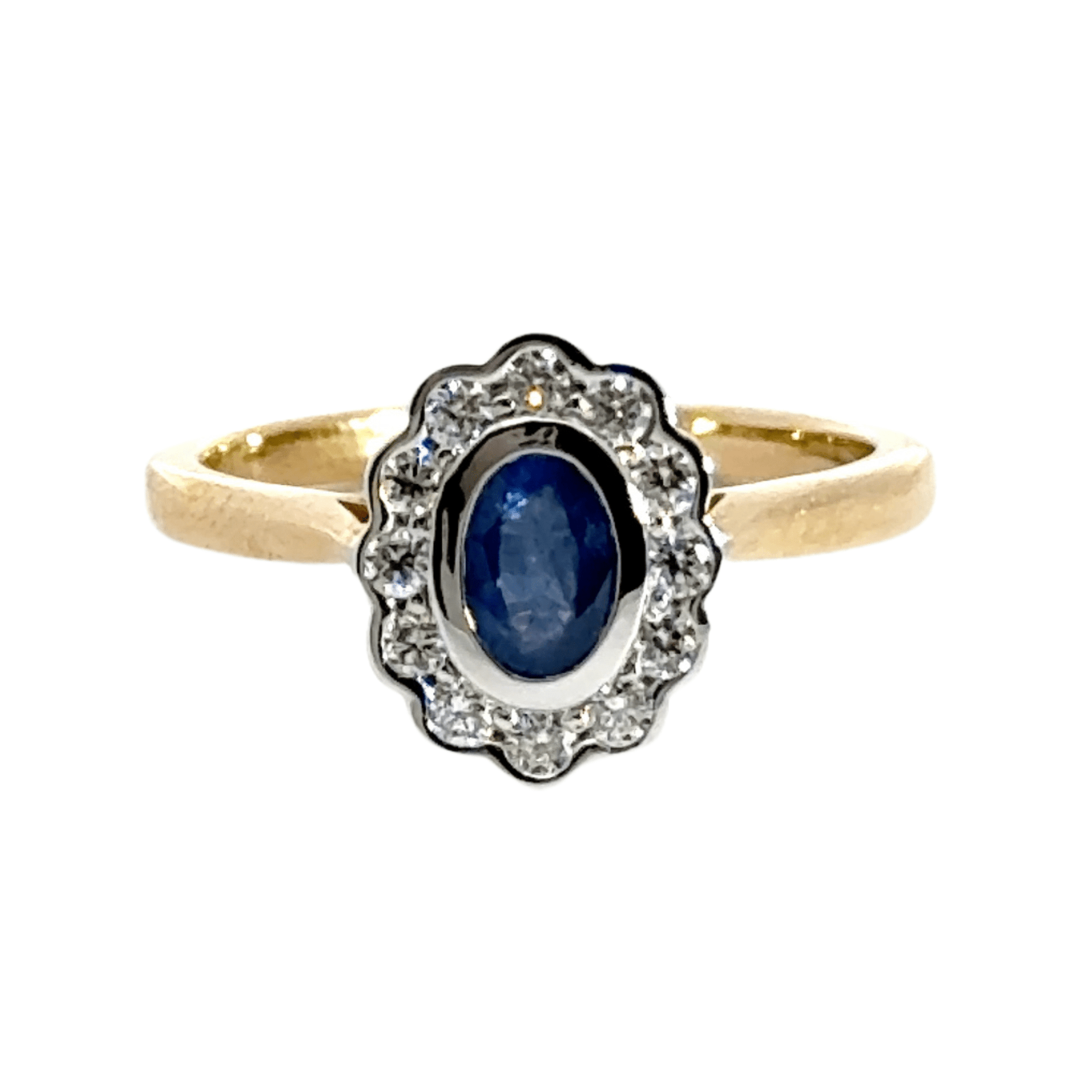 9CT Yellow Gold Oval Diamond Sapphire Halo Ring Aces Jewellers