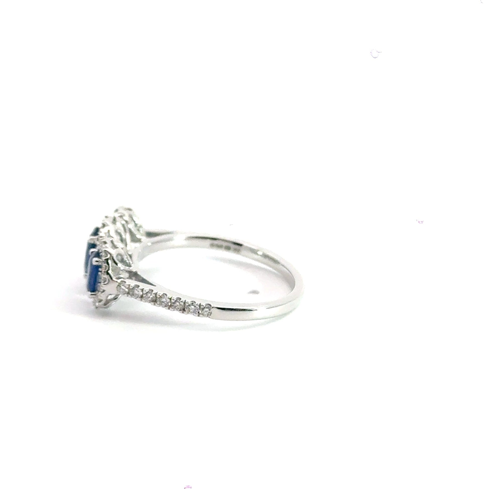 9CT White Gold Sapphire Diamond Halo Trilogy Ring Aces Jewellers