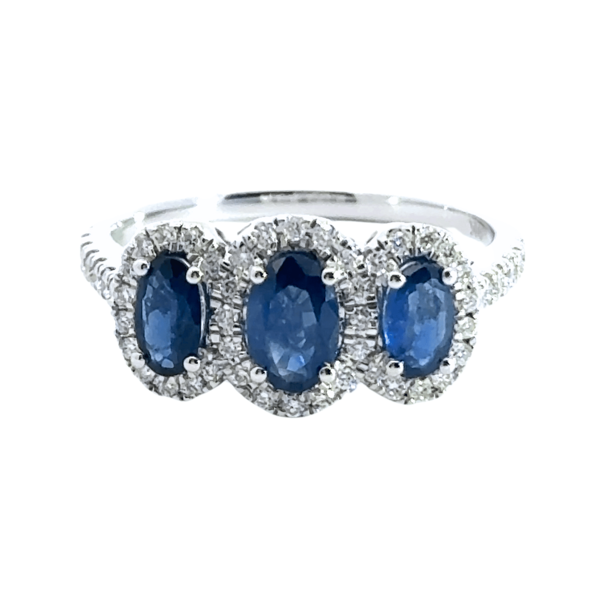 9CT White Gold Sapphire Diamond Halo Trilogy Ring Aces Jewellers