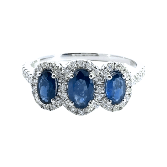 9CT White Gold Sapphire Diamond Halo Trilogy Ring Aces Jewellers