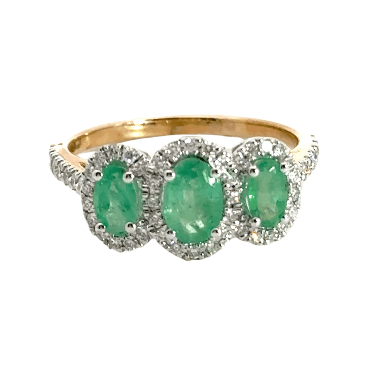 9CT Yellow Gold Trilogy Halo Emerald Diamond Ring Aces Jewellers