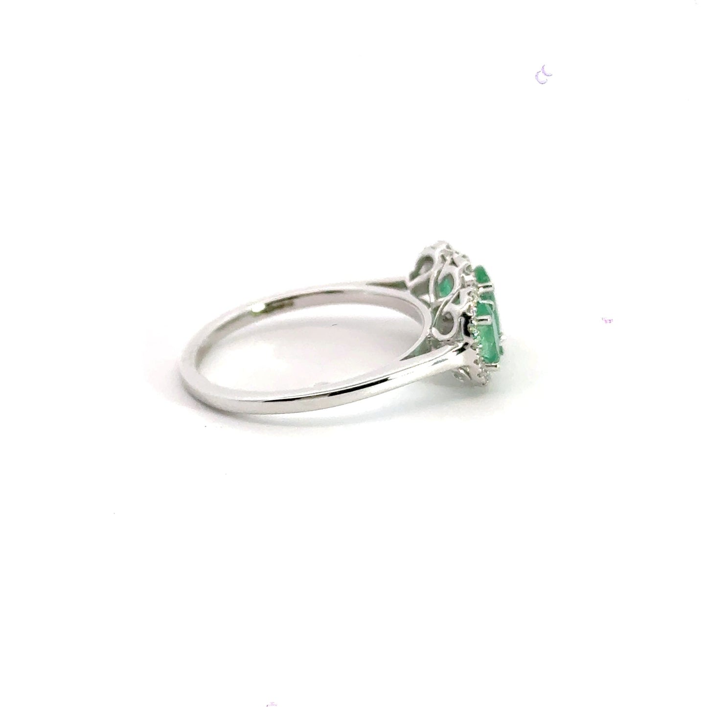 9CT White Gold Emerald Halo Trilogy Ring Aces Jewellers