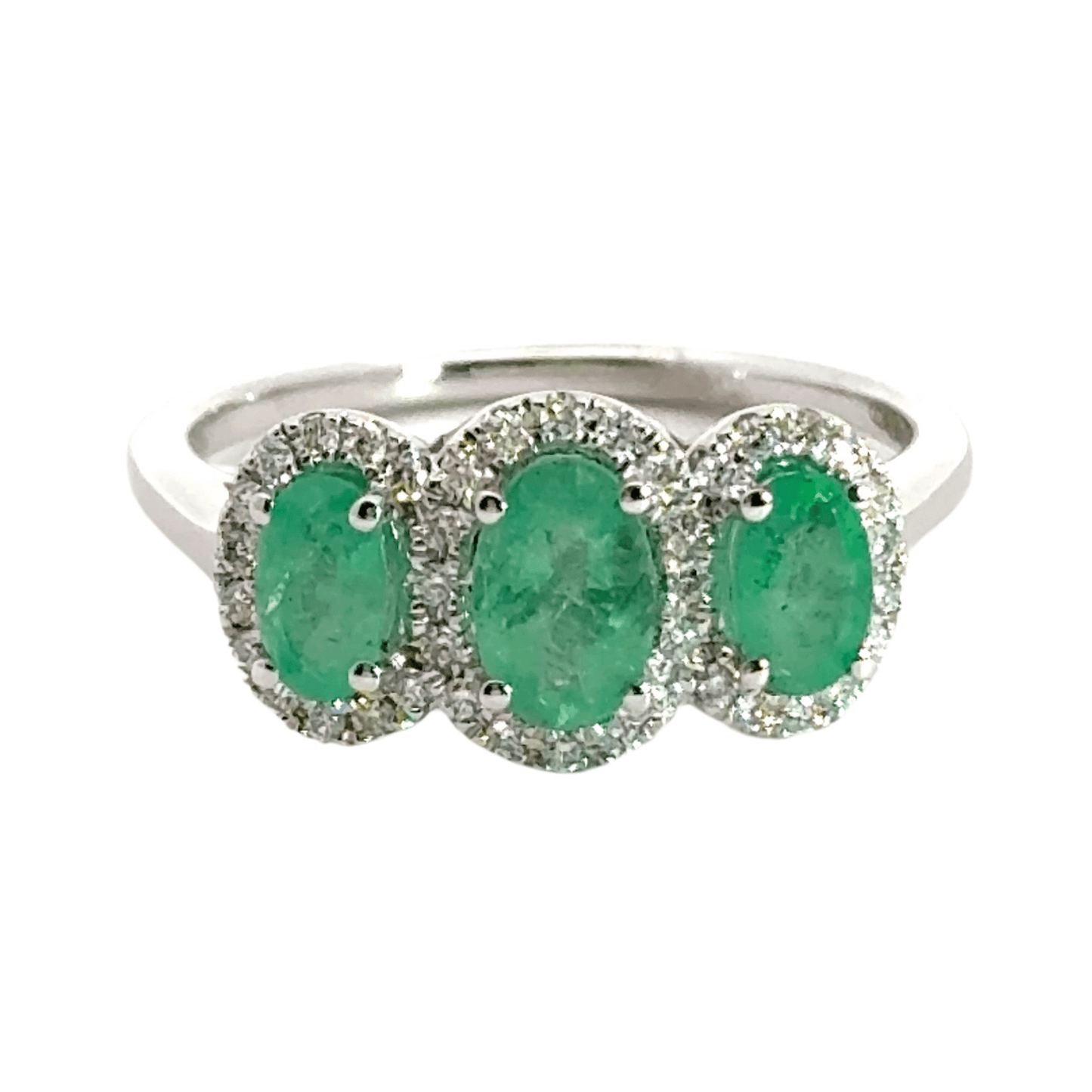 9CT White Gold Emerald Halo Trilogy Ring Aces Jewellers