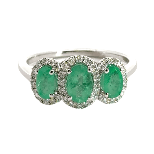 9CT White Gold Emerald Halo Trilogy Ring Aces Jewellers