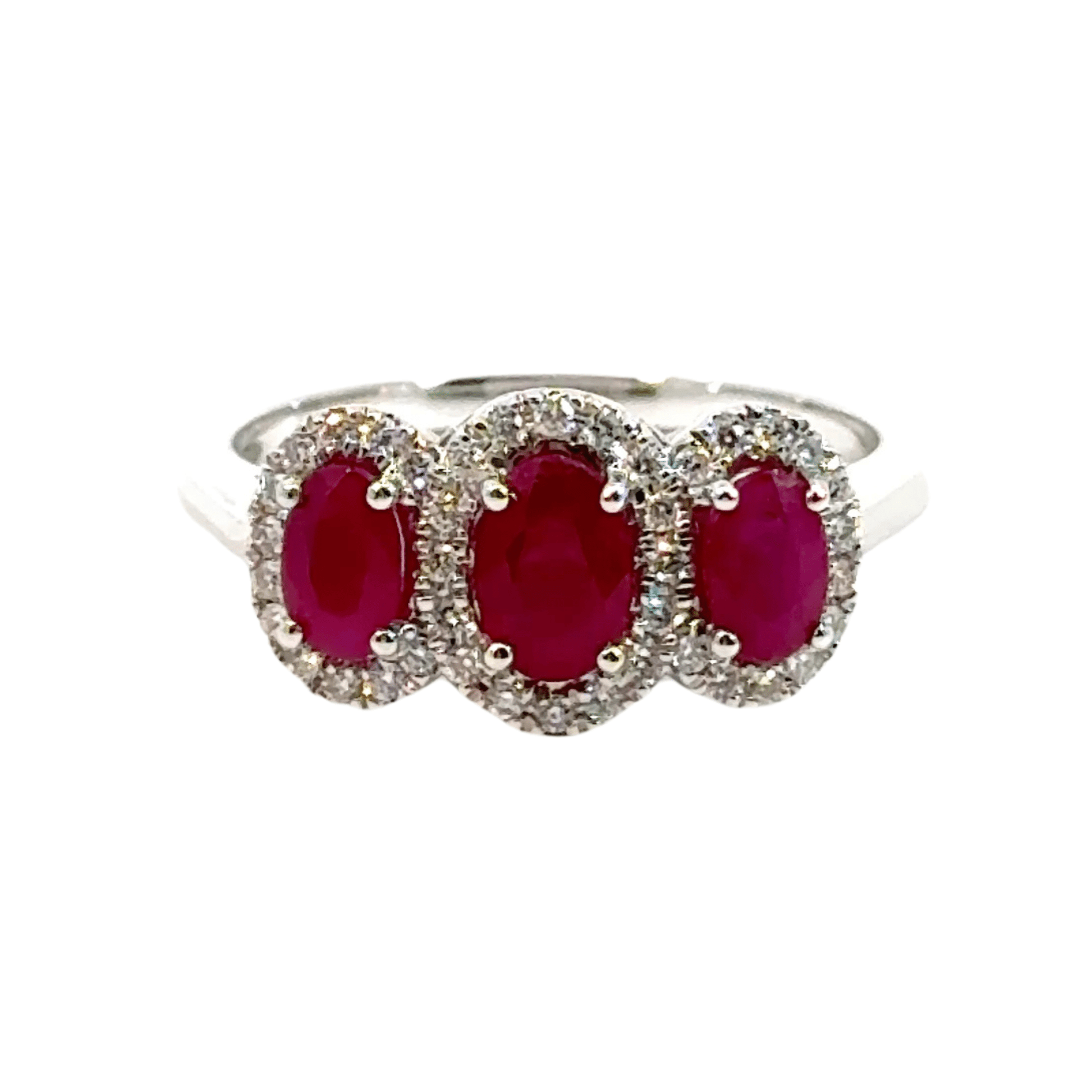 9CT White Gold Ruby & Diamonds Trilogy Ring Aces Jewellers