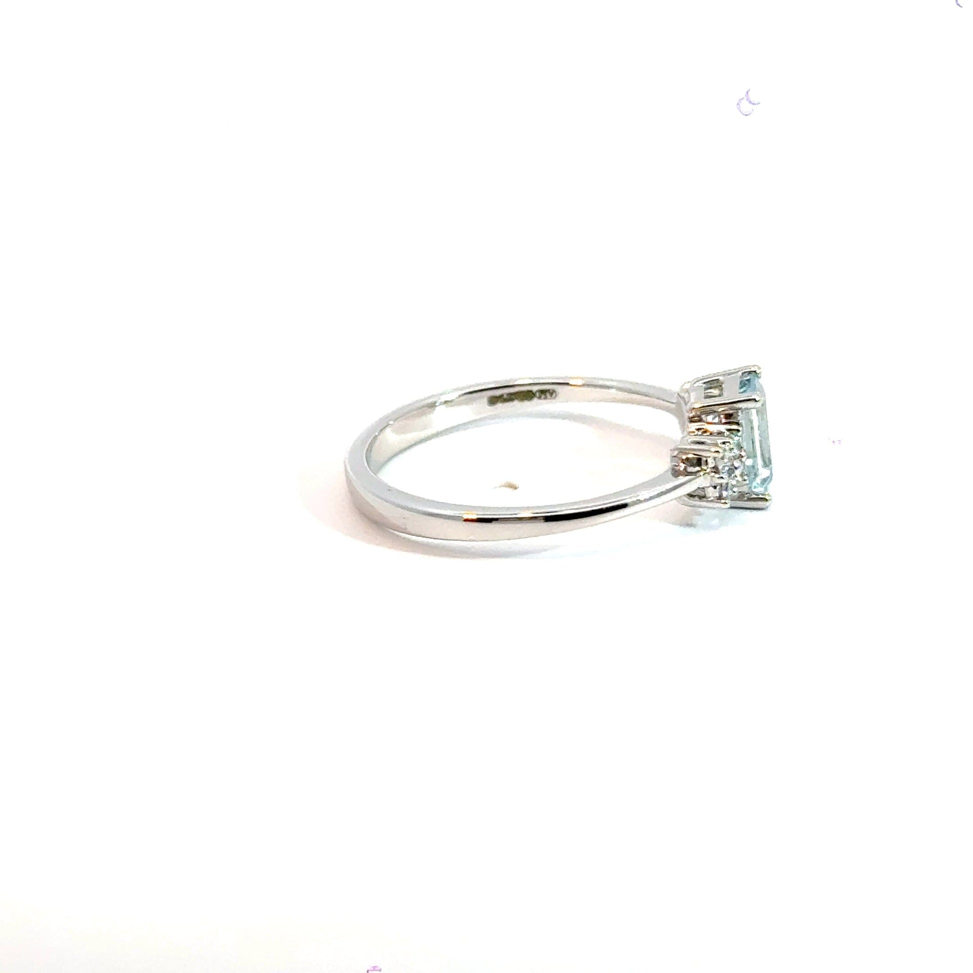 9CT White Gold Baguette Aquamarine & Diamonds Trilogy Ring Aces Jewellers
