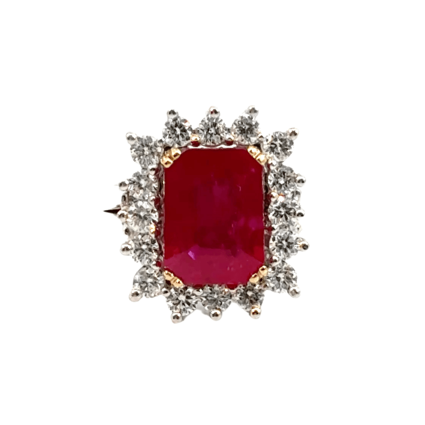 18CT White Gold Baguette Ruby Diamond Cluster Halo Aces Jewellers