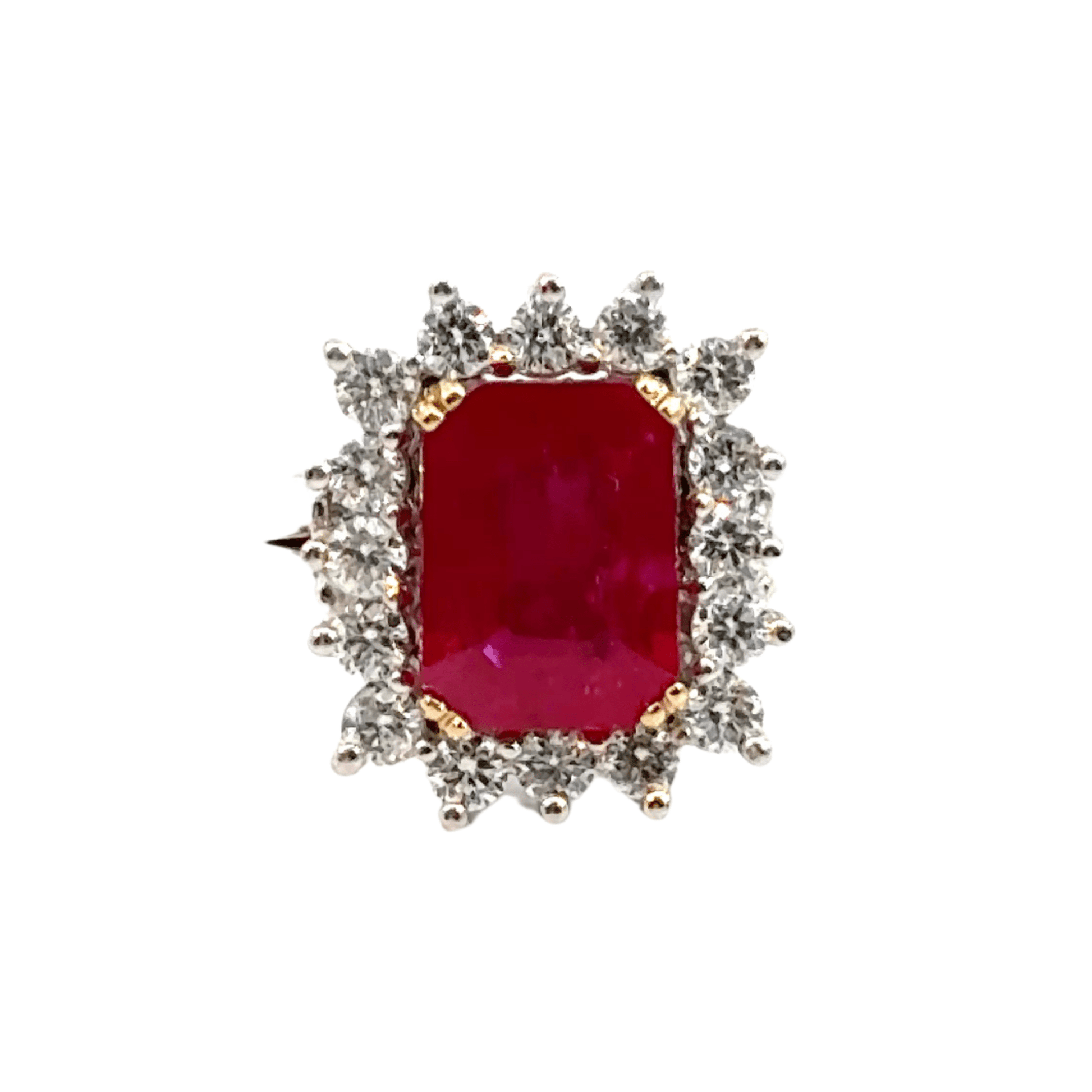 18CT White Gold Baguette Ruby Diamond Cluster Halo Aces Jewellers