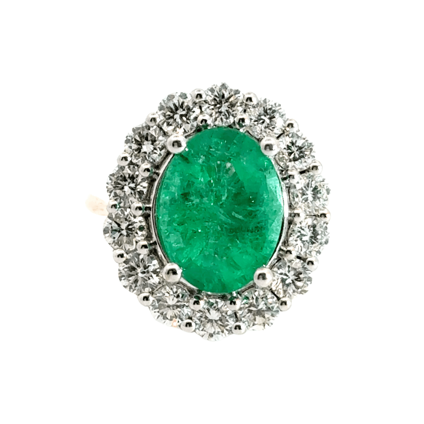 18CT Yellow Gold Oval 4.00CT Emerald Ring with 1.71CT Diamonds Halo Aces Jewellers