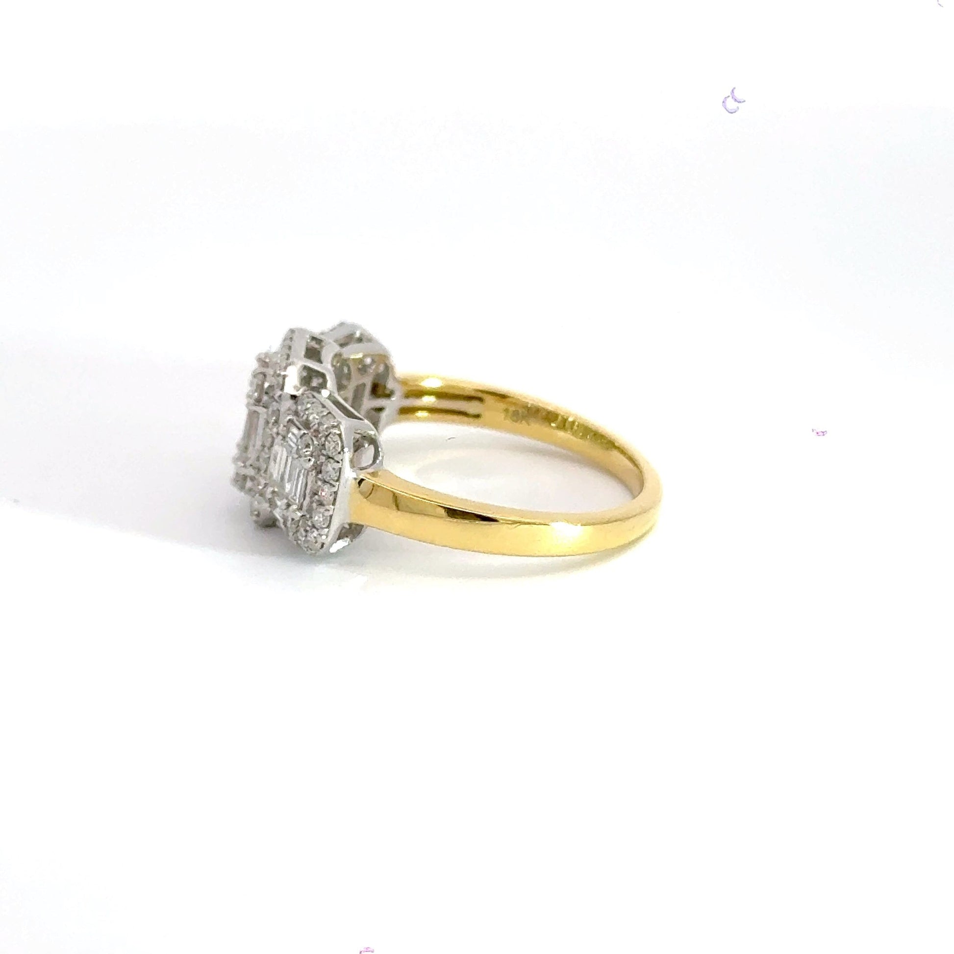 18CT Yellow Gold Trilogy Ring Diamond Cluster Halo Aces Jewellers