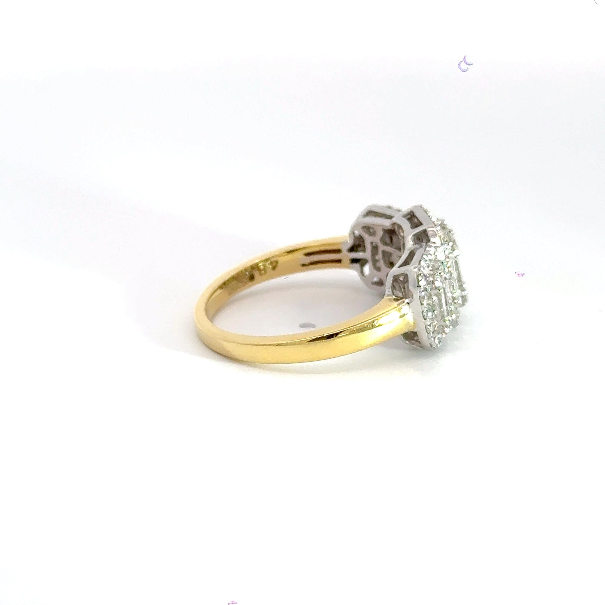 18CT Yellow Gold Trilogy Ring Diamond Cluster Halo Aces Jewellers