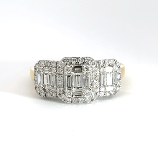 18CT Yellow Gold Trilogy Ring Diamond Cluster Halo Aces Jewellers