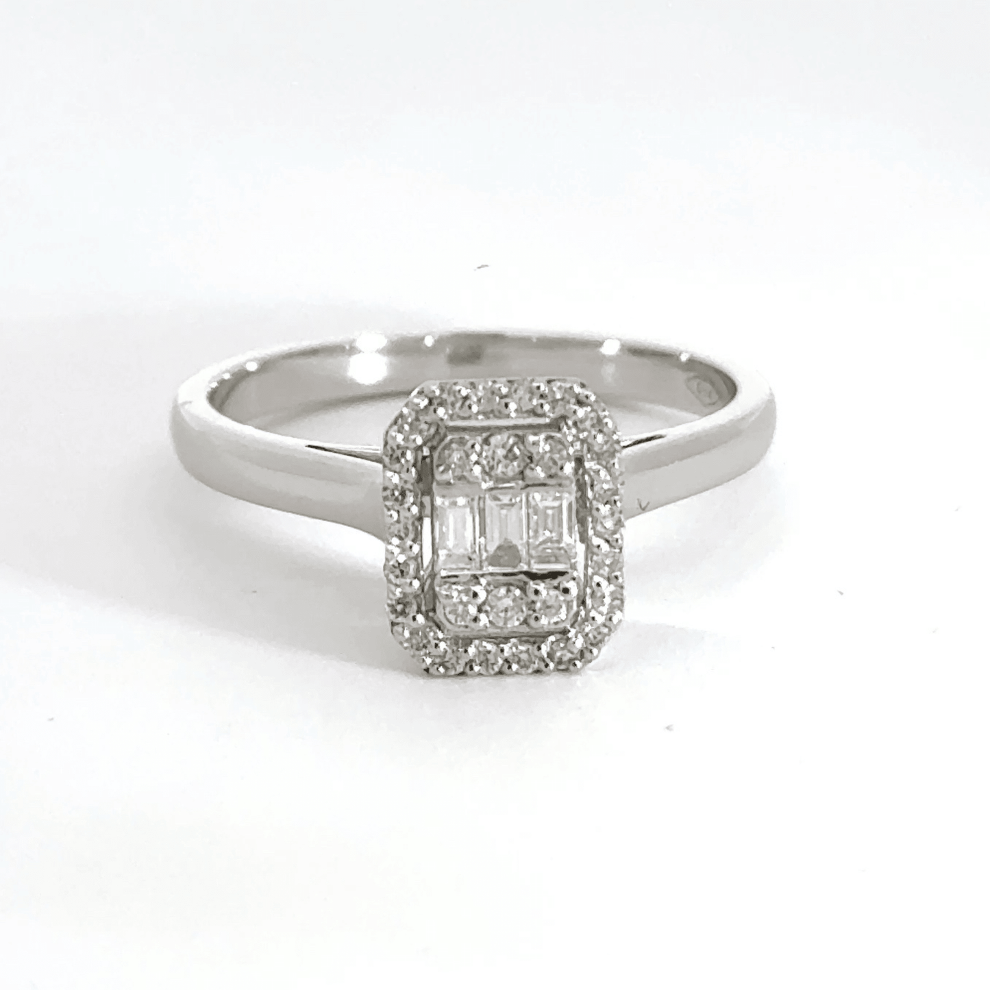 18CT White Gold Baguette & Round Halo Diamond Ring Aces Jewellers