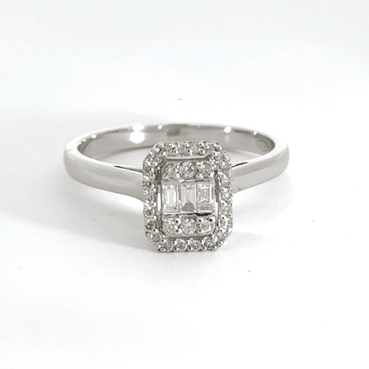 18CT White Gold Baguette & Round Halo Diamond Ring Aces Jewellers